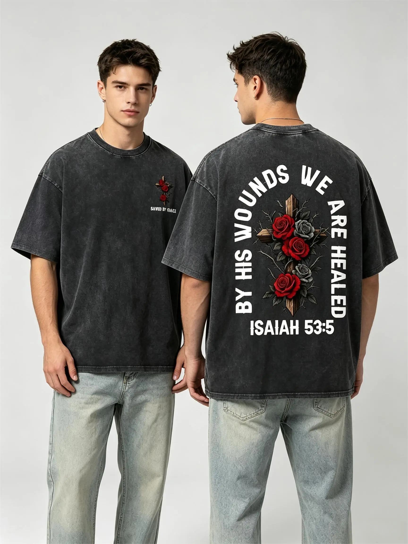 Men's Atomic Washed Oversized Short-Sleeve Cotton Crewneck Tshirt - Christian Isaiah 53:5 Cross Rose Print, Faith-Based Retro Vintage Black Casual Top with Front and Back Designs