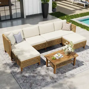 【1/2 Packages Shipping】Phivilla Boho Wicker Patio Furniture Sofa Set, 3-6 Seaters, Outdoor Rattan Sectional Sets Conversation Set - Weather-Resistant, with Dual Storage Coffee Table Acacia Wood Legs for Garden, Patio & Deck,SummerVibes