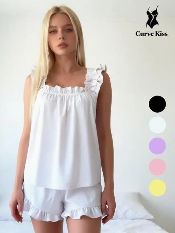 Womens Pajamas Set 2 Piece Ruffle Pj Soft Tank Top and Shorts Sleepwear Set Bridal Pajama for Women Set Fabric Loungewear