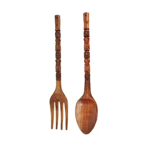 Carved Tiki Spoon & Fork Wooden Wall Decor Art Brown Utensil Decoration Set
