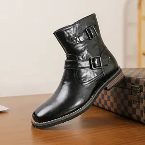 Men’s Western cowboy boots with ankle strap buckle, embossed upper, comfortable low heel, split design, smart casual shoes, black/brown, versatile for everyday wear
