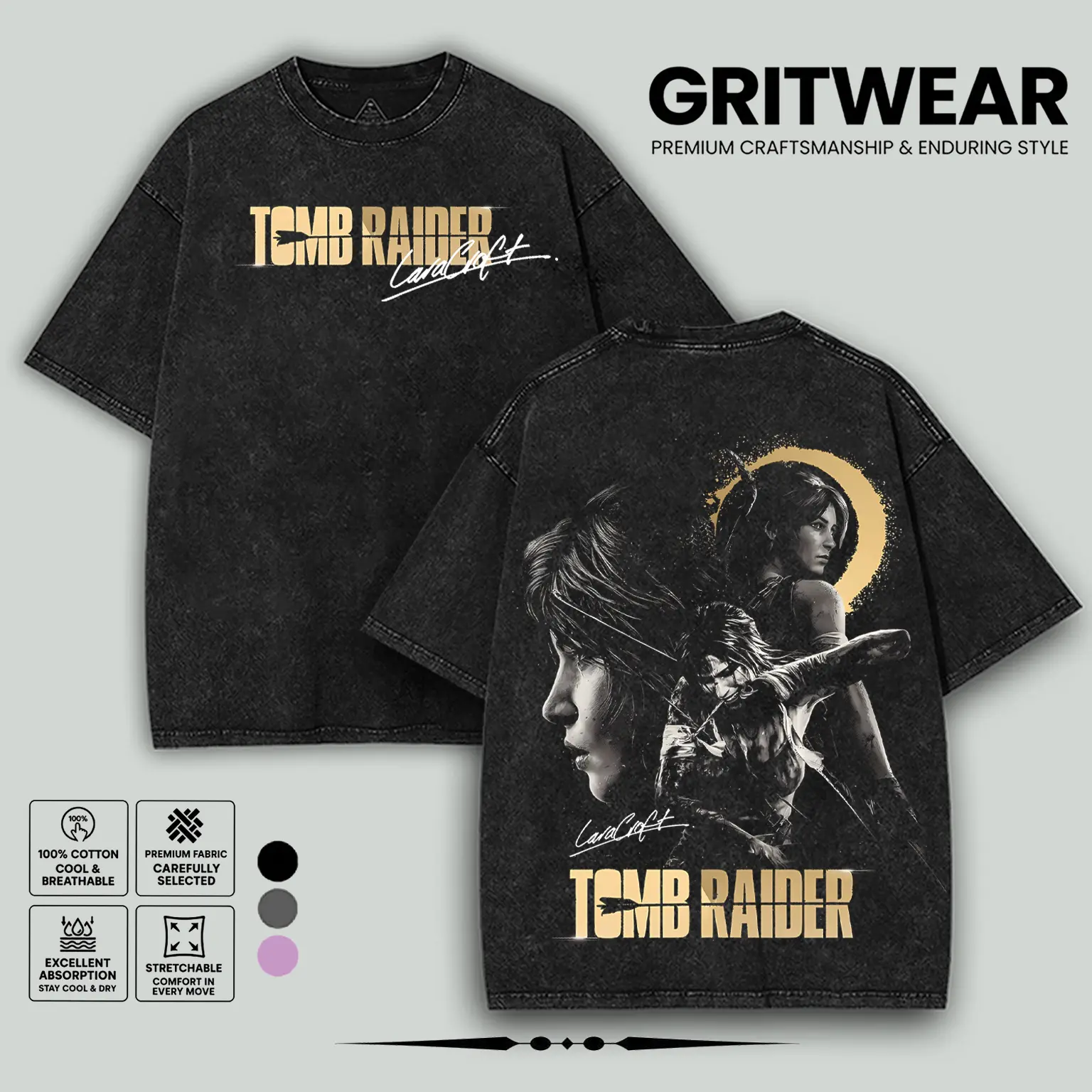 Tomb raider Lara Croft Washed 2 sided printed Oversize Unisex Cotton T-shirt, game merch, Soft Menswear Top