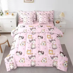 Cute Cat Bedding Set,Girls Pink Comforter Set with Sheets 7 Piece Kawaii Pet Cats Kids Bed in A Bag(1 Comforter,1 Flat Sheet,1 Fitted Sheet,2 Pillow Cases,2 Pillow Covers)