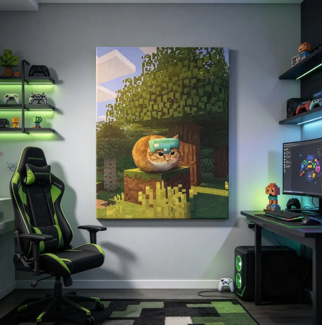 Pixelated Video Game Canvas Painting - Funny Meme Orange Cat with Diamond Helmet, Wall Artwork Poster Print, Home Decor for Gamer Rooms & Kids’ Bedrooms, Unique Wall Gift