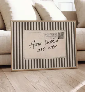 How Lucky Are We Wall Art – Vintage Postcard Quote , Coquette Brown Striped Aesthetic Posters no frame