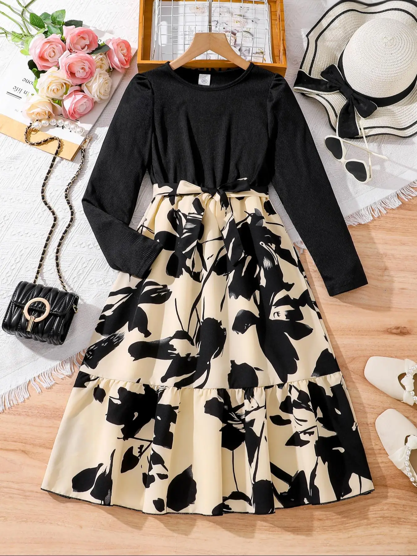 Girl's Patchwork Floral Print Belted Dress, Elegant Long Sleeve Round Neck A Line Dress for Party Holiday Wedding Guest, Kids Fall & Winter Clothes