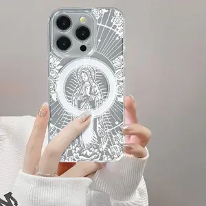 Our Virgin Mary pattern phone case, with full coverage magnetic transparent TPU shockproof design, is a must-have accessory for iPhone 16 Pro Max, 11, 12, 13, 14, 15, and other models. A phone case protects a smartphone.