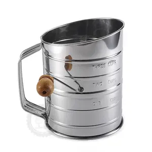 Stainless Steel Cup Flour Sifter Medium Size Slanted Single Layer Mesh Hand Crank with Scale Filter Sifter Baking Tool 3 Cup Flour Sifter with 4 Wire Stirrers, 1 Buffer Ring, Crank Plastic Handle, Stamping Measurement, 20 Fine Meshes for Baking Flour