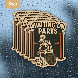 5Pcs "Waiting On Parts" Skeleton Mechanic Waterproof Vinyl Sticker, Sticker For Cars, Self-Adhesive Decal, Suitable For Toolboxes, Car Windows, Ideal For Mechanics, Car Enthusiasts And Humor Lovers