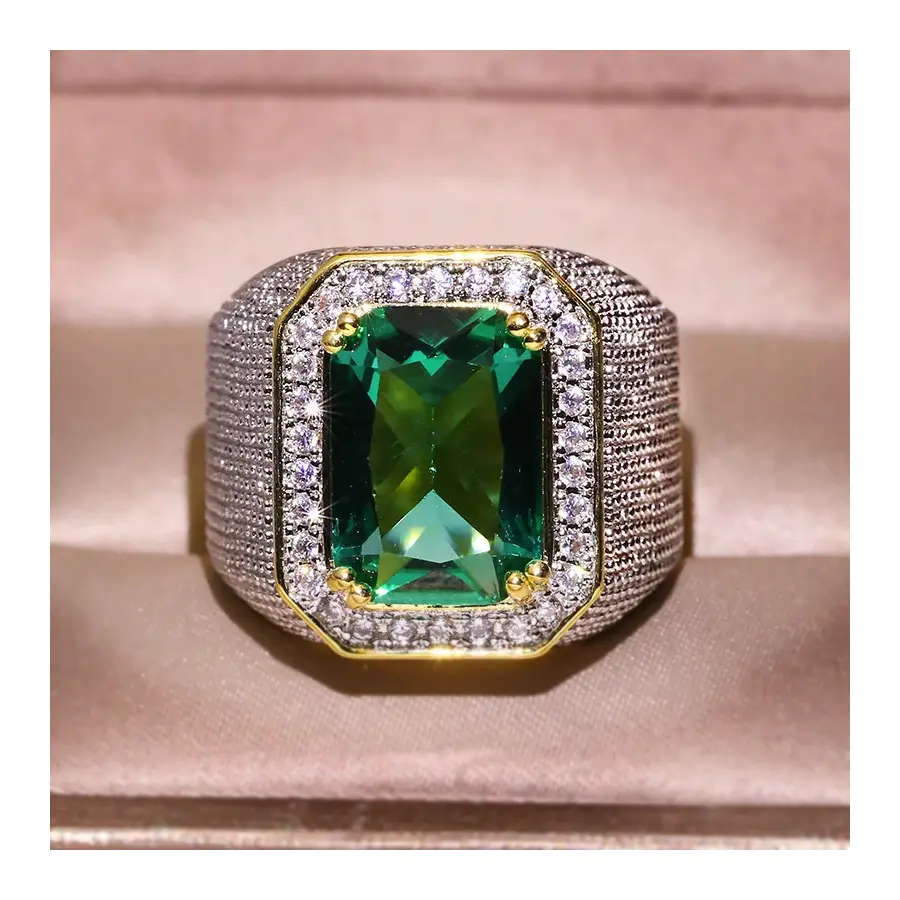 14K Yellow Gold Ring for Men Pure Natural Emerald Gemstone Bizuteria Jewelry Invisible Setting Square Engagement 14K Gold Rings