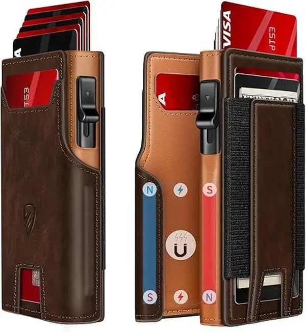 RUNBOX Men’s Minimalist Pop-Up Wallet | Holds 9-13 Cards! Slim Aluminum Card Holder with RFID Blocking, ID Window & Cash Clip, Compact Bifold Wallet for Daily Carry，sohochic