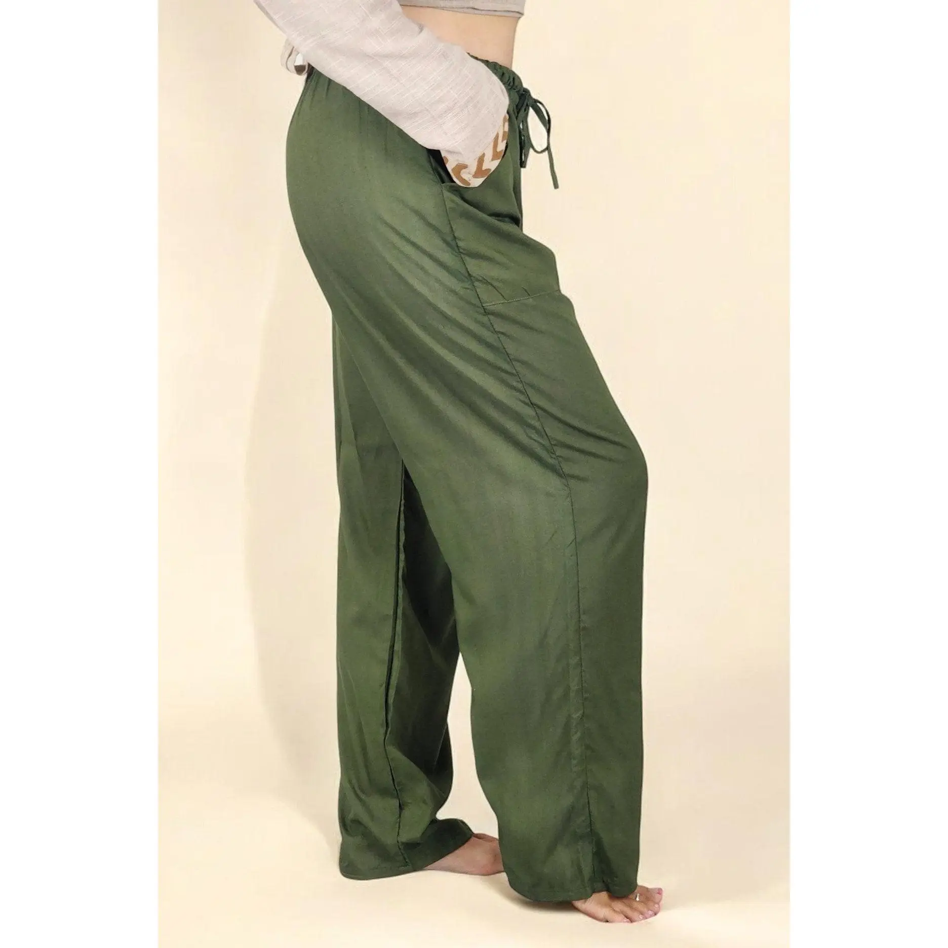 Sustainable Rayon Trousers Forest Green Loose Fit Casual All Seasons Breathable Soft Cotton Fabric Adjustable Waistband Womenswear Bottom
