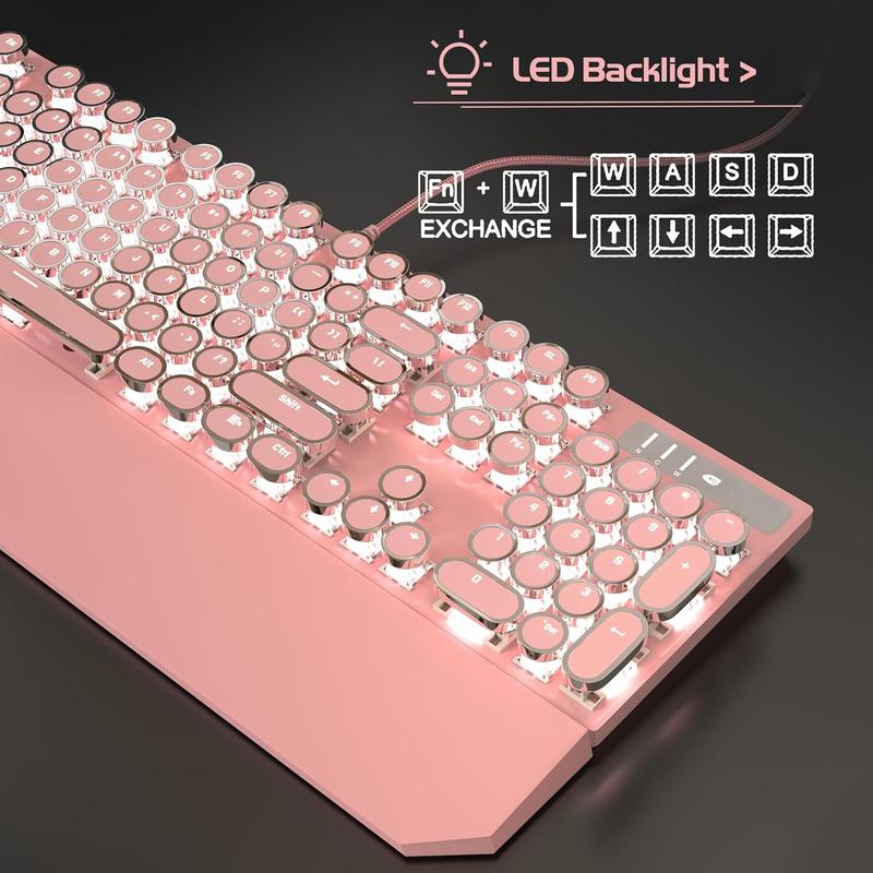 Typewriter Mechanical Gaming Keyboard, Retro Pink Punk Round Keycaps LED White Backlit Wired Keyboards with Detachable Wrist Rest for and Office, for Windows Laptop PC - Blue Switches Typewriter Mechanical Gaming Keyboard, Retro Pink Punk Round Keycaps LED White Backlit Wired Keyboards with Detachable Wrist Rest for and Office, for Windows Laptop PC - Blue Switches