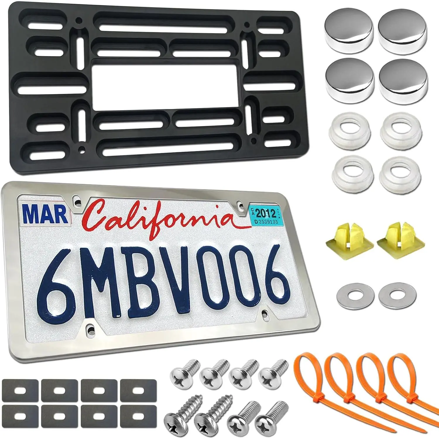 Front License Plate Mounting Kit- Front Bumper License Plate Bracket & Stainless Steel Car Tag Frame, Universal No Drilling Hole Adapter for Car/Truck/Trailer, with Screws Cap, Rattle Proof Pad