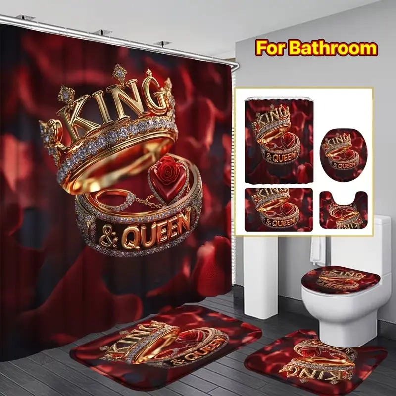 1/4pc Valentine's Day shower curtain set, Decorative shower curtain, with king and queen couple ring design, non-slip mat, U-shaped rug, toilet seat cover, perfect for bathroom decoration, partitioning, and beautifying. Includes 12 hooks