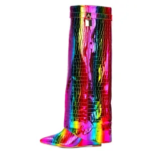 Women’s One of a Kind Fold over Shark Wedge Boots Multi Rainbow Footwear Shoe Stylish Design