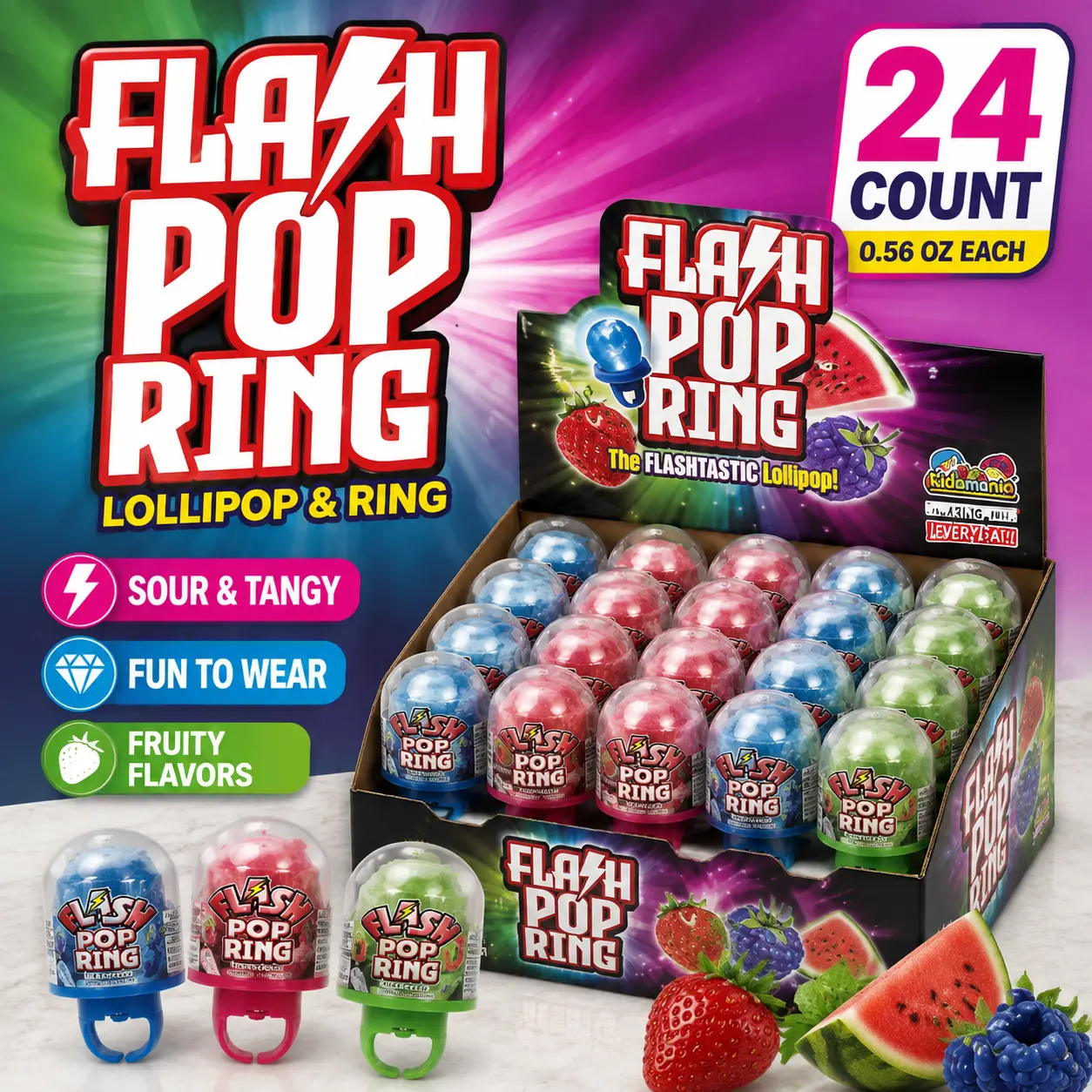 Kidsmania Flash Pop Ring 0.56 oz 24 Count Toy Tray Wearable Lollipop Candy