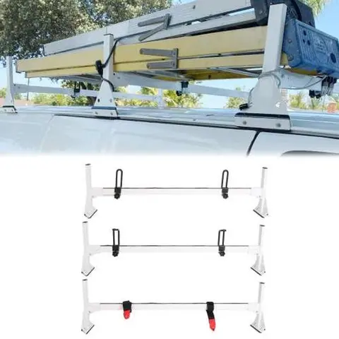 HECASA Rust-Resistant Coat Steel 3-Bar Car Roof Racks - 59-in, 800lb High Cap, Clamp-Secure Hold with Strap, Ladder-Carry Automotive Accessory for 1996-Up Chevy Express Fullsize Vans, 3 x Truck Rack Bars, Car Accessories
