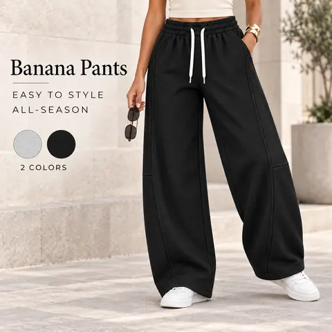 Women's High-Waisted Banana Pants - Chic Wide-Leg Athletic Trousers with Patchwork Side Seam Details, Loose Slimming Fit, Beautiful Drape, Light Gray, for Commuting, Working Out, Everyday Wear