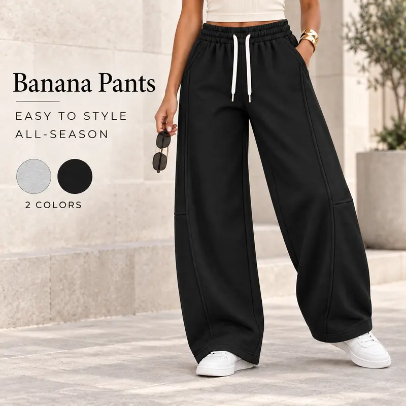 Women's High-Waisted Banana Pants - Chic Wide-Leg Athletic Trousers with Patchwork Side Seam Details, Loose Slimming Fit, Beautiful Drape, Light Gray, for Commuting, Working Out, Everyday Wear