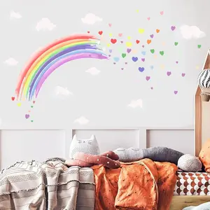 Creative Cartoon Rainbow Heart Cloud Wall Sticker, Self-Adhesive Bedroom Decor, Home Decoration Wallpaper, 35.43inx11.81in