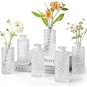 Glass Bud Vases Set of 6, Small Diamond Bud Vases in Bulk, Mini Flowers Vases for Centerpieces, Vintage Bottle for Table Decorations, Wedding Decor, Recepetion, Home, (Clear)