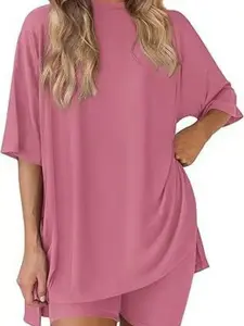 Women's Summer Casual Two-Piece Set, Round Neck Shirt & Side Pocket Bike Shorts, Soft Glue Fabric, Breathable Comfortable Home Wear