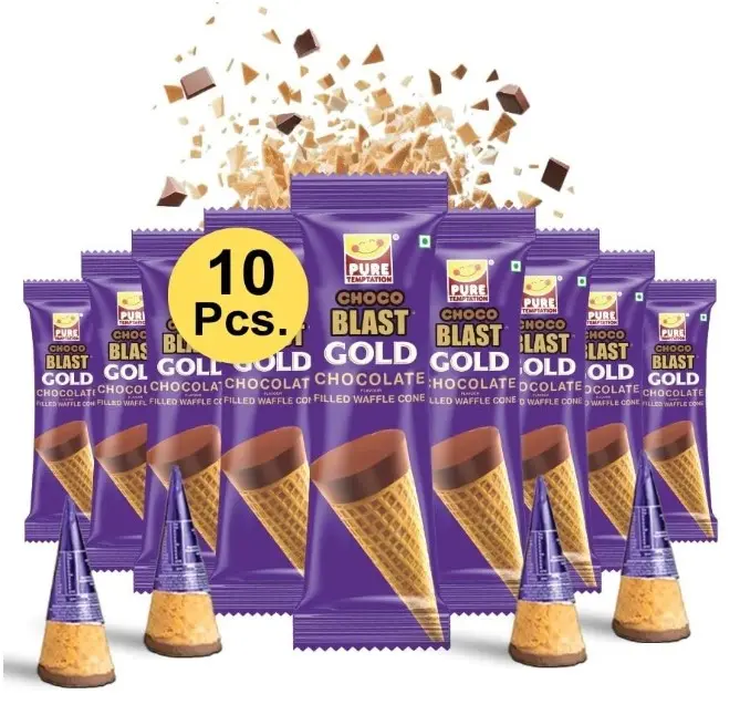 Pure Temptation Gold Chocoblast Waffle Cones [10 Pieces] Sweet Snacks for Kids & Adults - Non-Meltable Chocolate Gift Box - Individually Wrapped Chocolate Filled Waffle Cone for Dessert
