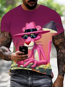 Men's Leopard Print T-Shirt, Cartoon Fun Style Short Sleeve Top, Fashion Comfort Design, Perfect Daily Wear, Ideal Gift Choice