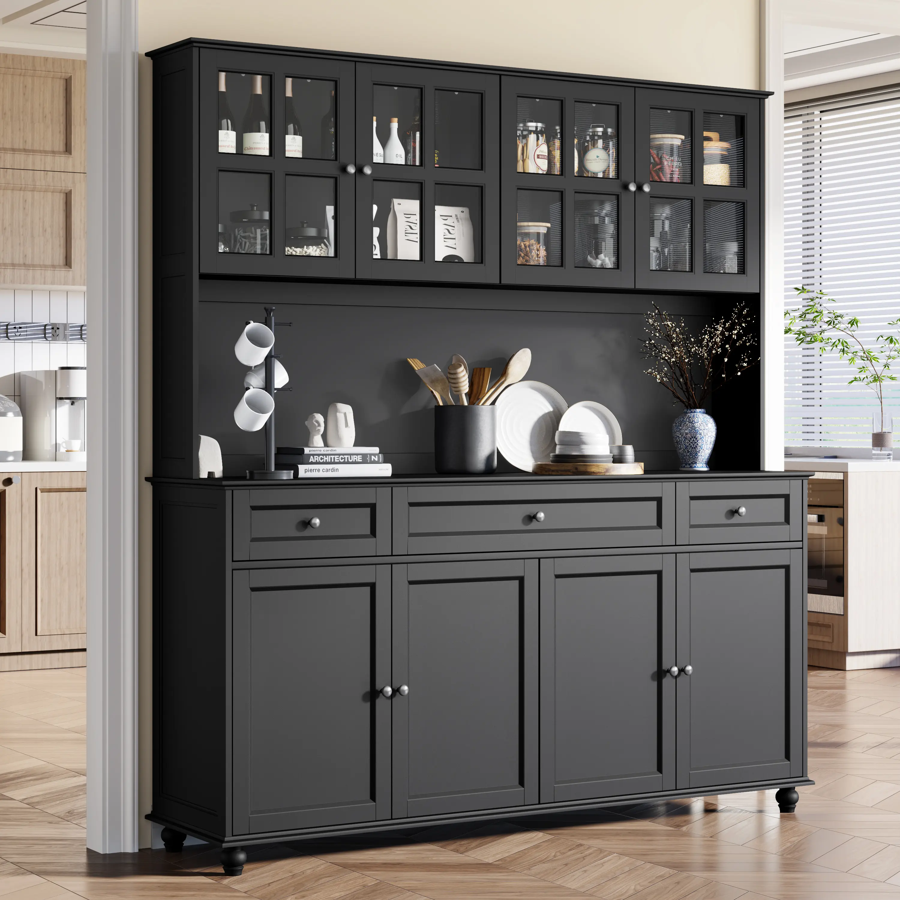 Gyfimoie 71" Tall Kitchen Pantry Storage Cabinet, 63" Wide Kitchen Hutch Cabinet with Large Countertop, Tall Pantry with Drawers, Storage Cabinets with Glass Door