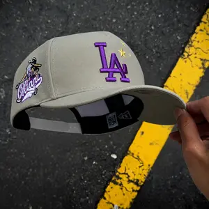 New Era 9FORTY Los Angeles Dodgers MLB Curved Brim Hats – Stone Baseball Cap Featuring Purple LA Logo, Decorative Gold Stars And Retro Side Patch