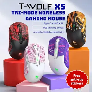 T-WOLF X5 Wireless Gaming Mouse – RGB, 12800DPI, Tri-Mode, Rechargeable, Battery Display, Cool Gamer Mouse with Stylish Grip Stickers