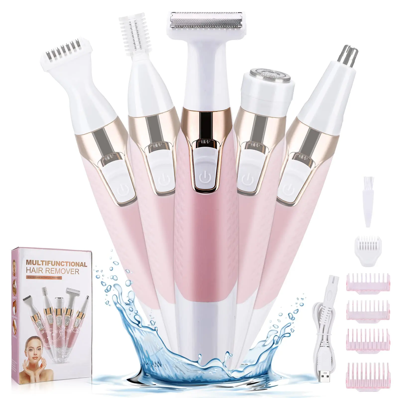 Face Razors for Women,  Bikini Trimmer 5 in 1 Wet/Dry Electric Shaver Razors for Face Nose Eyebrow Beard Mustache Arm Leg Armpit Pubic Area Painless Rechargeable Facial Hair Removal for Women Stainless Steel Peach Smooth Comfort Stainless