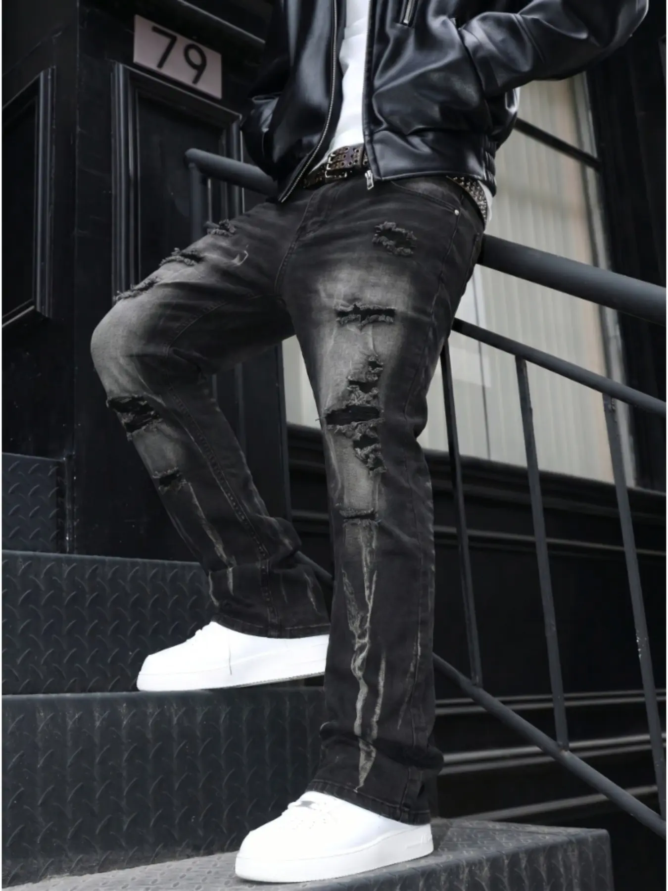 Men's Washed Multi-Layer Ripped Elastic Micro Flare Streetwear Denim Jeans, Four-Season Frayed Hem High Street Post-Apocalyptic Style Long Pants, Ripped Casual Jeans