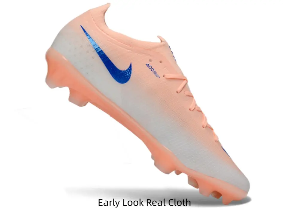 Dreamy peach gradient soccer cleats with glossy blue accents, girly fresh tone for women players