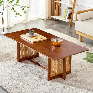 47'' Imitation Rattan Solid Wood Coffee Table, Rectangular Center Table, Cocktail Tables, Suitable for Living Room and Bedroom, Walnut