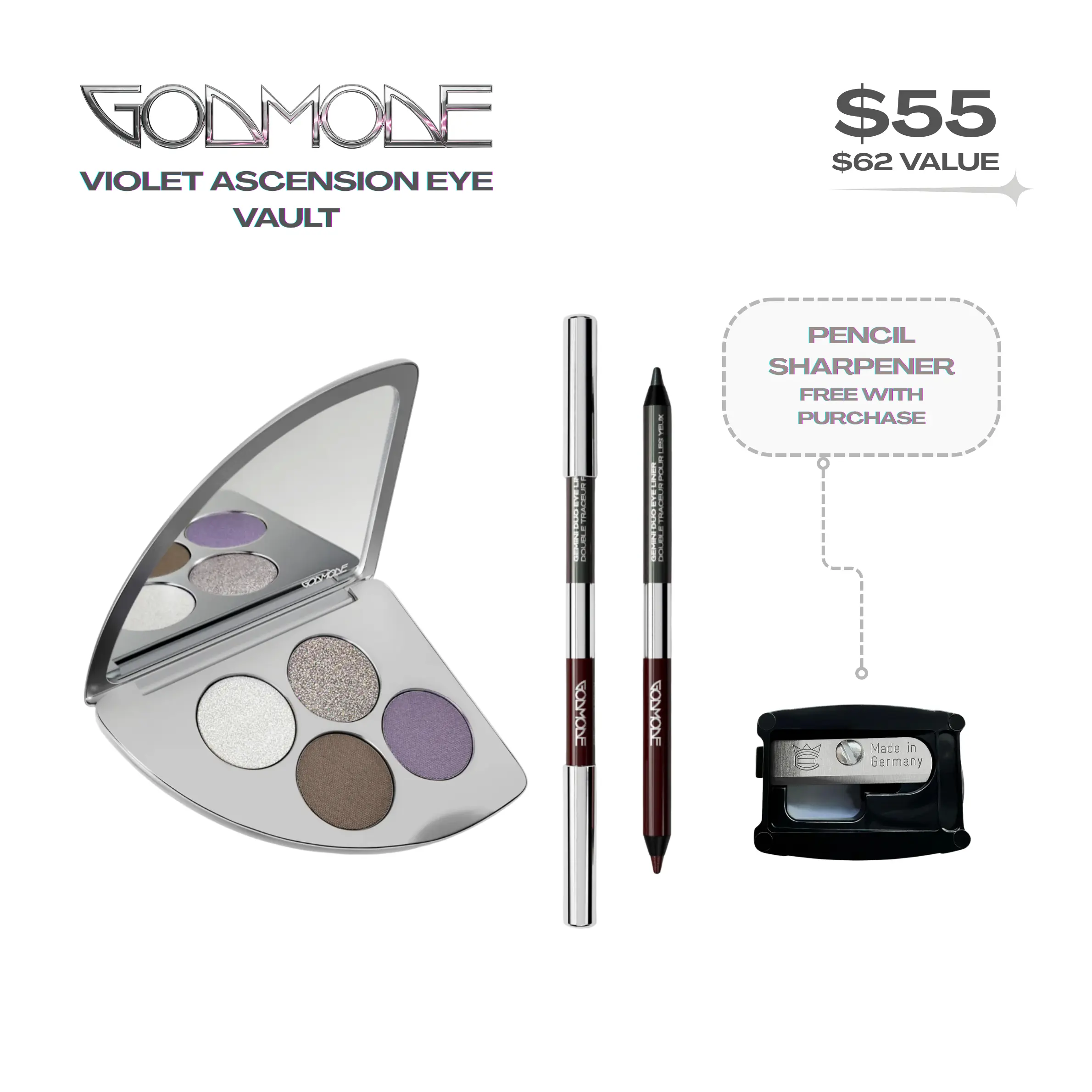 GODMODE Lavender Cosmetic Eyeshadow Combo - Talc-Free Eye Makeup Palette and 24hr wear Eyeliner for Eye Makeup Application with free gifted pencil sharpener