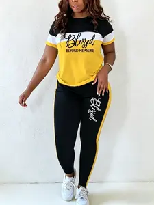 Plus Size Women's 'blessed Beyond Measure' Print Colorblock Sporty Casual Two-Piece Set, Suitable for Outdoor Walking, Home Wear