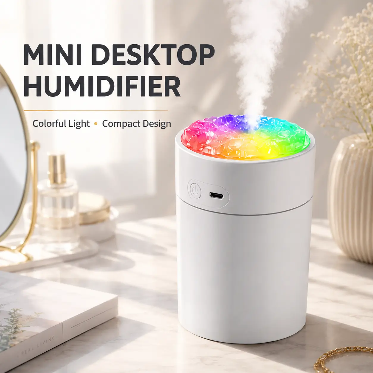 2 Pack Flame Effect Humidifiers with RGB Ambient Light, USB Powered Mini Desktop Mist Humidifiers for Bedroom, Office and Desk