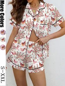 Women's Floral Pajama Set, Soft Shirt Collar Short Sleeve Top & Elastic Shorts, Casual Home Wear, All Season Comfortable Sleepwear Fit, Loungewear