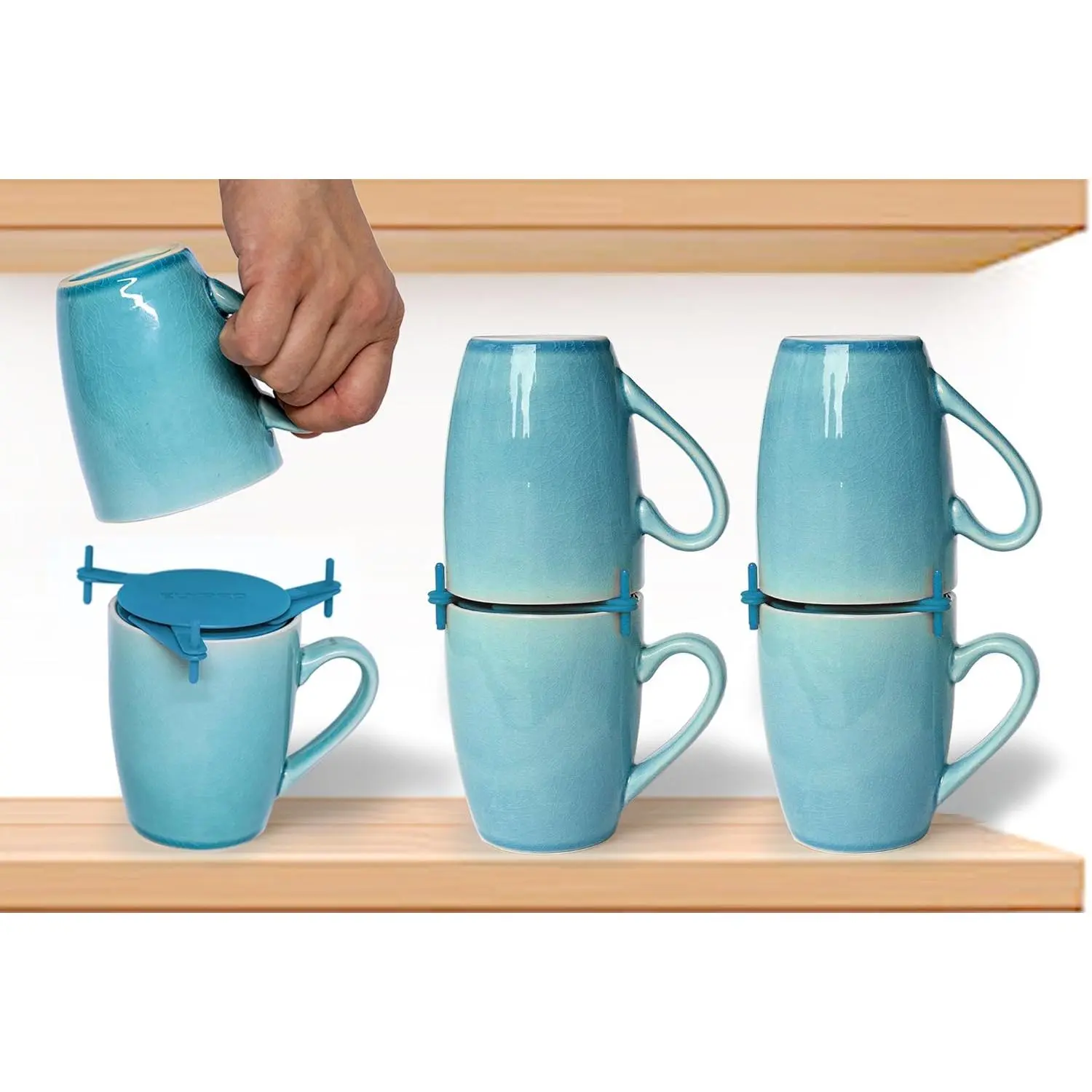 Mug Stacker - Adjustable and Expandable Cup and Mug Organizer for Kitchen Cabinets and Cupboards, Stackable Space-Saving Holder, Set of 6, Blue