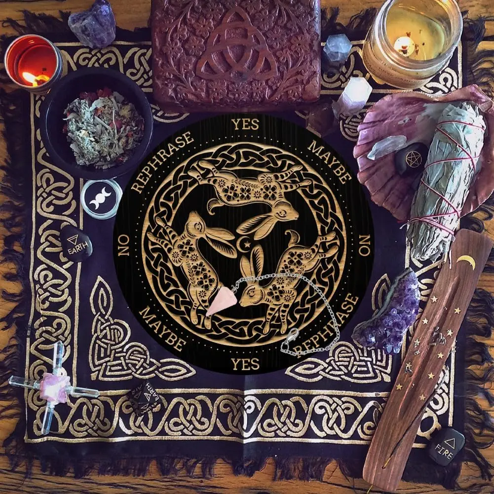 Wooden divination board set of 3, with cone-shaped crystal pendant, creative base ornament, energy stone display bracket, divination prediction spiritual information board, spiritual decoration, mysterious room decoration, home decoration