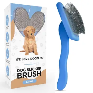 We Love Doodles Slicker Brush for Long Haired Dogs with Ergonomic Handle - Professional Quality Dog Grooming Brush for Shedding - Doodle Loving Design