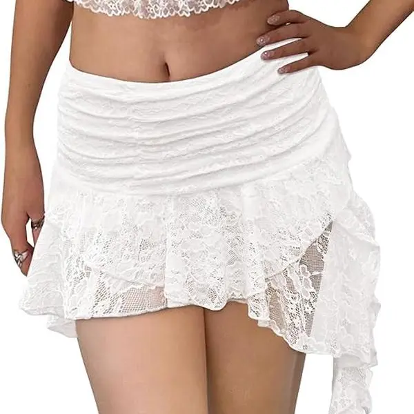 Yousify Women Y2K Lace Mini Skirt Low Rise Pleated Ruffle Short Layered Flowy Asymmetrical Fairy Half Slip Soft Breathable Stretchy Comfortable Basic Womenswear,summerwins,summeroutfits,vacationoutfits,beachoutfits,back to school shopping,sohochic