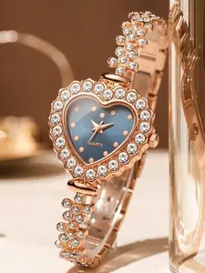 Romantic Heart-Shaped Ladies Quartz Watch, Rose, Full Diamond Bezel, Gradient Blue Dial, Love Diamond Strap, Elegant Women's Style