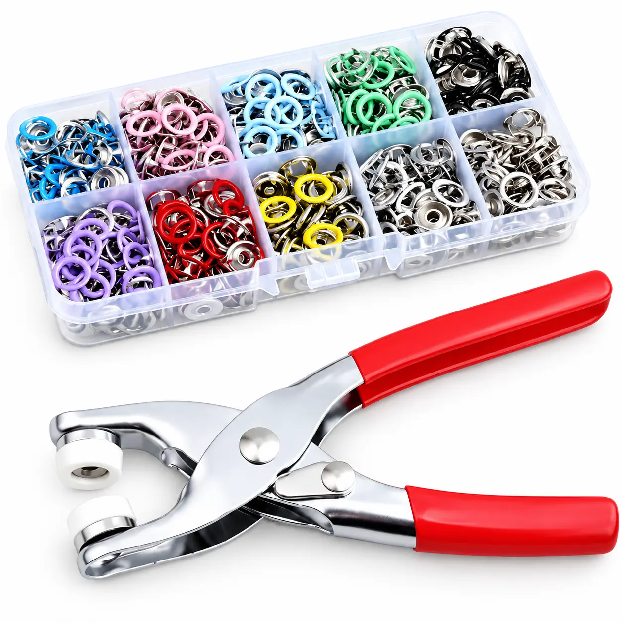 Heavy-Duty Metal Snap Fastener Kit, Snaps for Fabric with Tool, Metal Press Stud Set, Snap Fasteners Kit, Crafts Metal Snap Button Kit, Claw snap fastener set, 100 Sets 9.5mm snap buttons Press Tool for Clothing DIY Projects