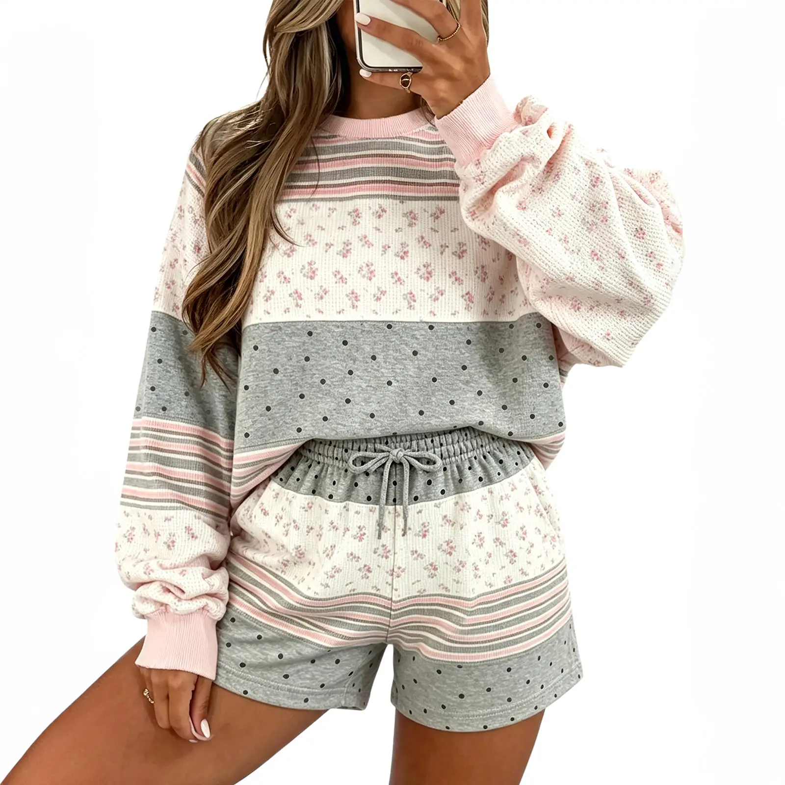 LazyChic Women’s Fall 2-Piece Cozy Waffle Knit Patchwork Outfit - Long Sleeve Pullover, Drawstring Shorts with Floral, Stripe, Polka Dot Patterns