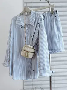 Plus Size Women's Blue Striped Bow Embroidered Shirt and Shorts Set, Summer Lightweight Loose Fit Two-Piece Embroidery