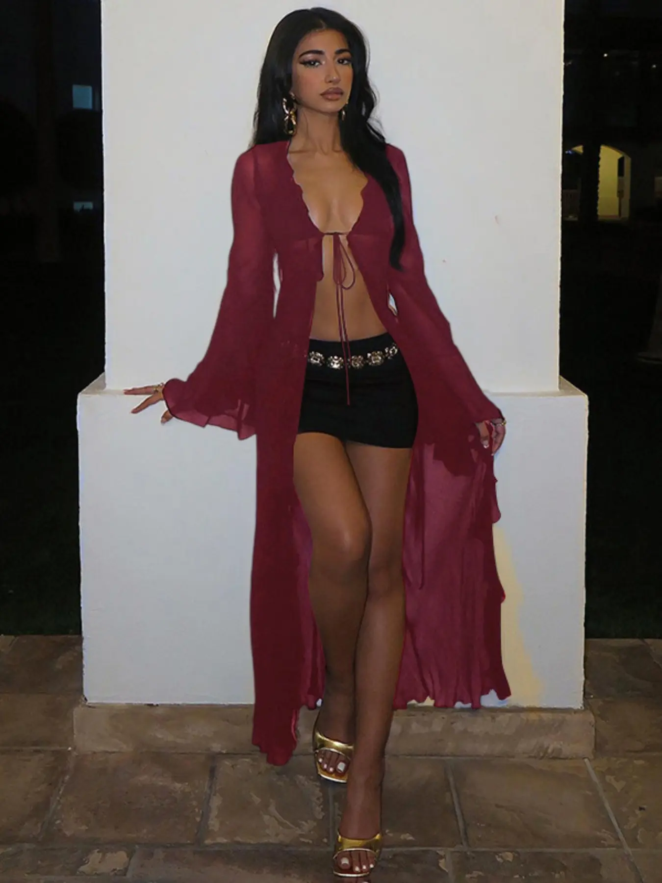 Women's Solid Sheer Ruffle Trim Tie Front Long Mesh Cardigan Coat, Long  Sleeve Open Front Outerwear for Spring & Fall, Ladies Clothes for Party  Holiday Womenswear - TikTok Shop