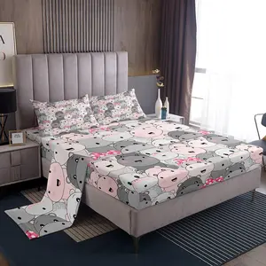 Feelyou Hippo Cartoon Animal Bedding Set - Soft Breathable Durable Microfiber Bed Sheets with Deep Pocket Fitted Sheet, Kawaii Cute Decorative Bedsheet Sets for Room Decor, Breathable Durable Sheets, Soft Breathable Sheet